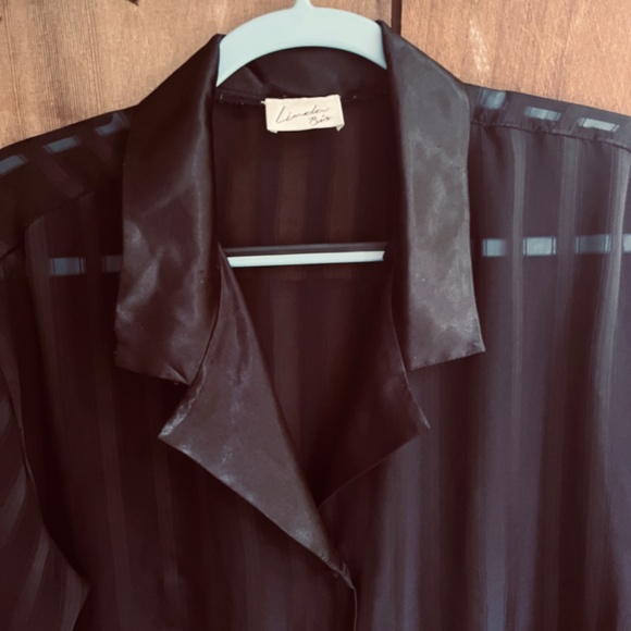 Linda Bis Montreal Rare Vintage 90s Black Night Robe Striped Silky Satin Collar - Picture 5 of 13